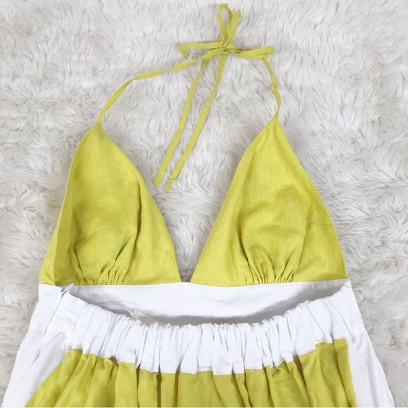 FANM MON Yamile 100% Linen Halter‎ Midi Dress Floral Embroidered Yellow XL New - Picture 10 of 14